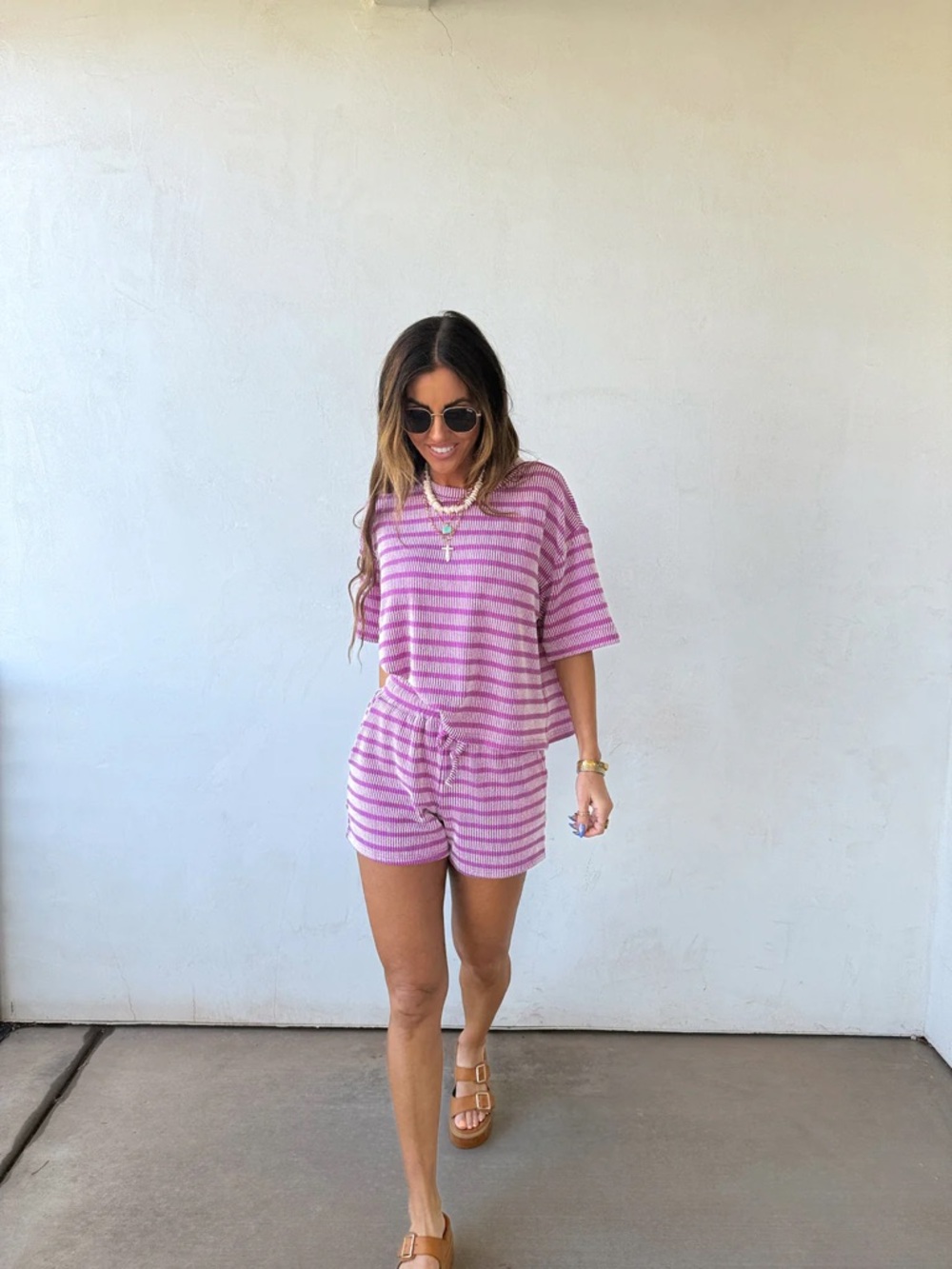 Zenana-Striped Pink Lounge Set - Short Sleeve Top & Drawstring Shorts NWOT